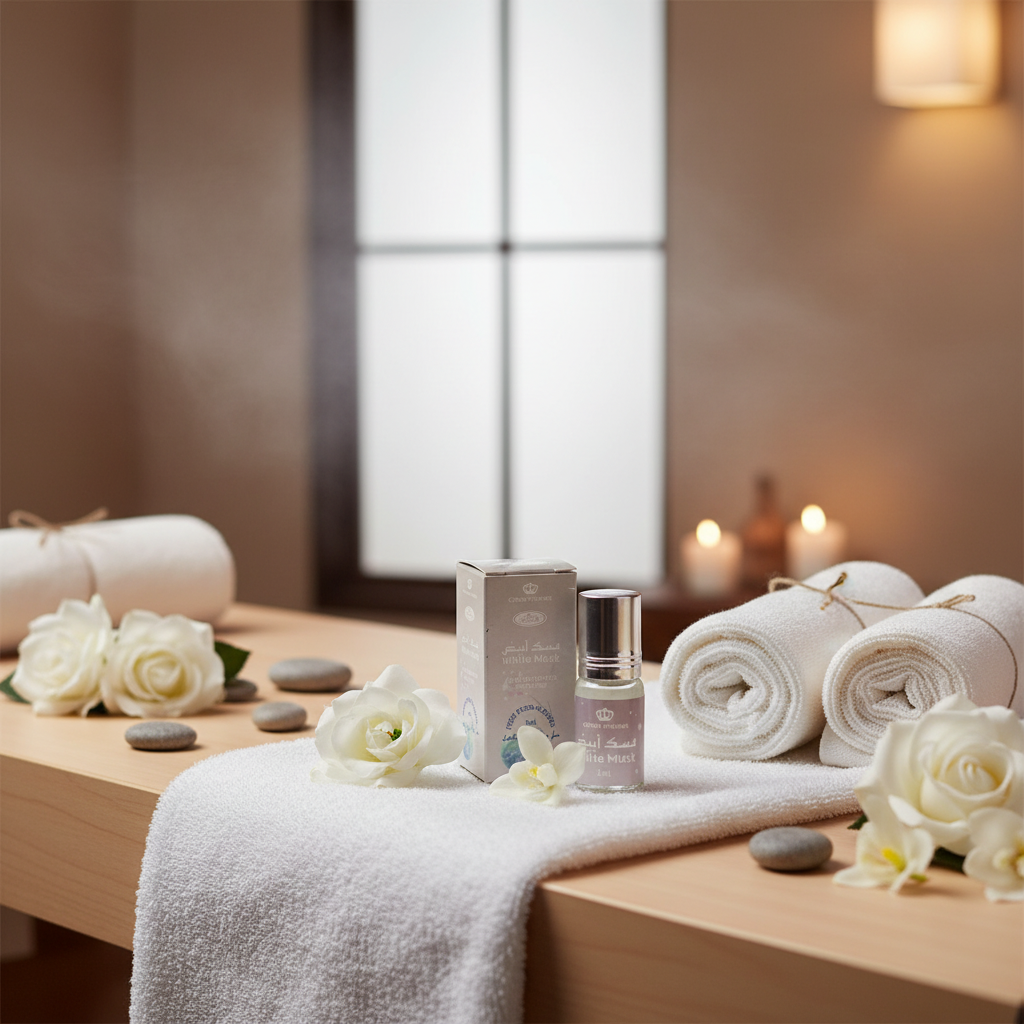 Perfume White Musk 3ml en ambiente spa relajante con flores blancas - fragancia apaciguante