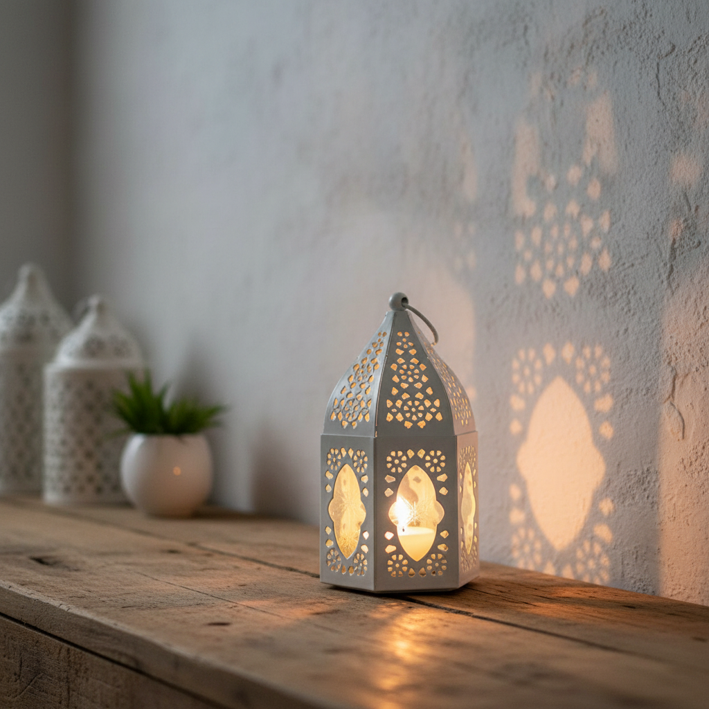 Farolillo árabe blanco lifestyle, vela encendida, decoración ambiente andalusí Modelo Kadiman