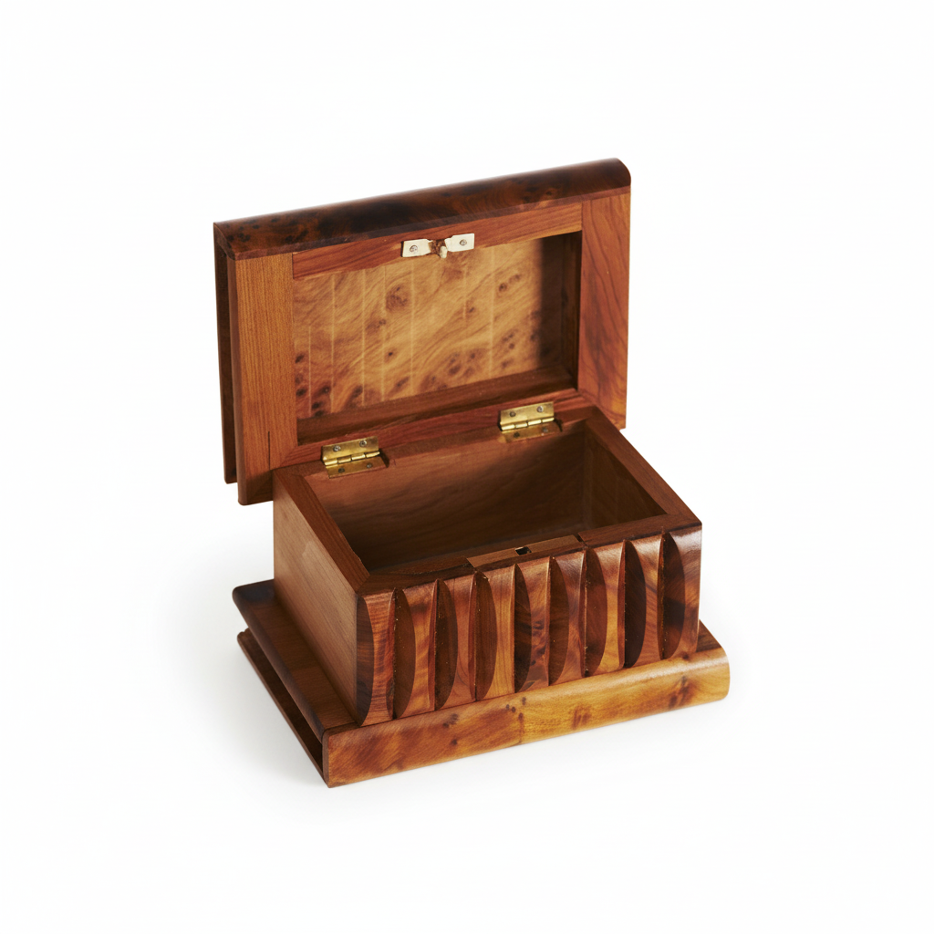 Caja mágica abierta mostrando interior de madera aromática Tuya con bisagras de latón