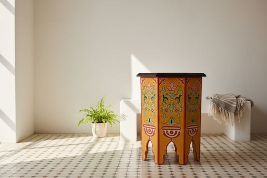 Mesa octogonal marroquí naranja en interior andalusí lifestyle decoración oriental