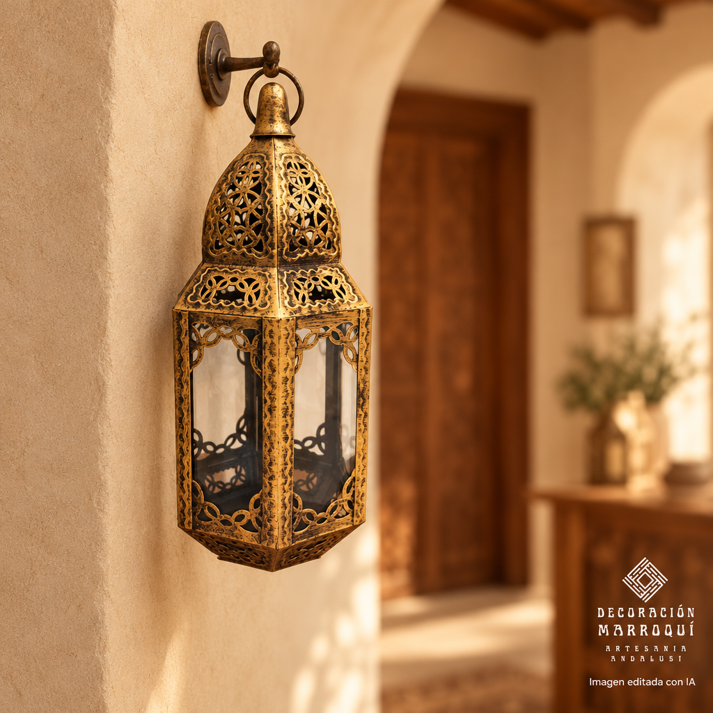 Farol Cúpula dorado envejecido colgado en un interior de inspiración andalusí