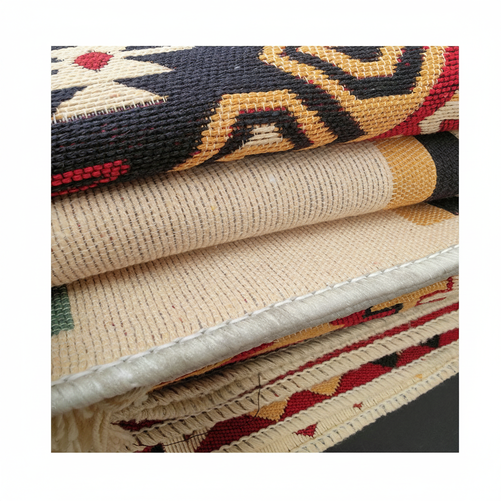 Detalle del tejido artesanal de alfombras kilim turcas enrolladas mostrando calidad y colores vivos, fondo blanco