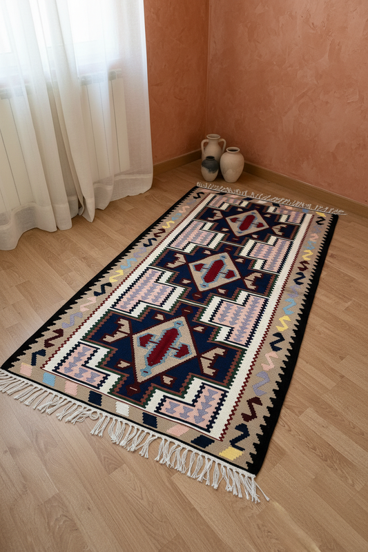 Alfombra Kilim Persa Artesanal Tejida a Mano | 185 × 100 cm | Doble Cara | Motivos Geométricos Tribales