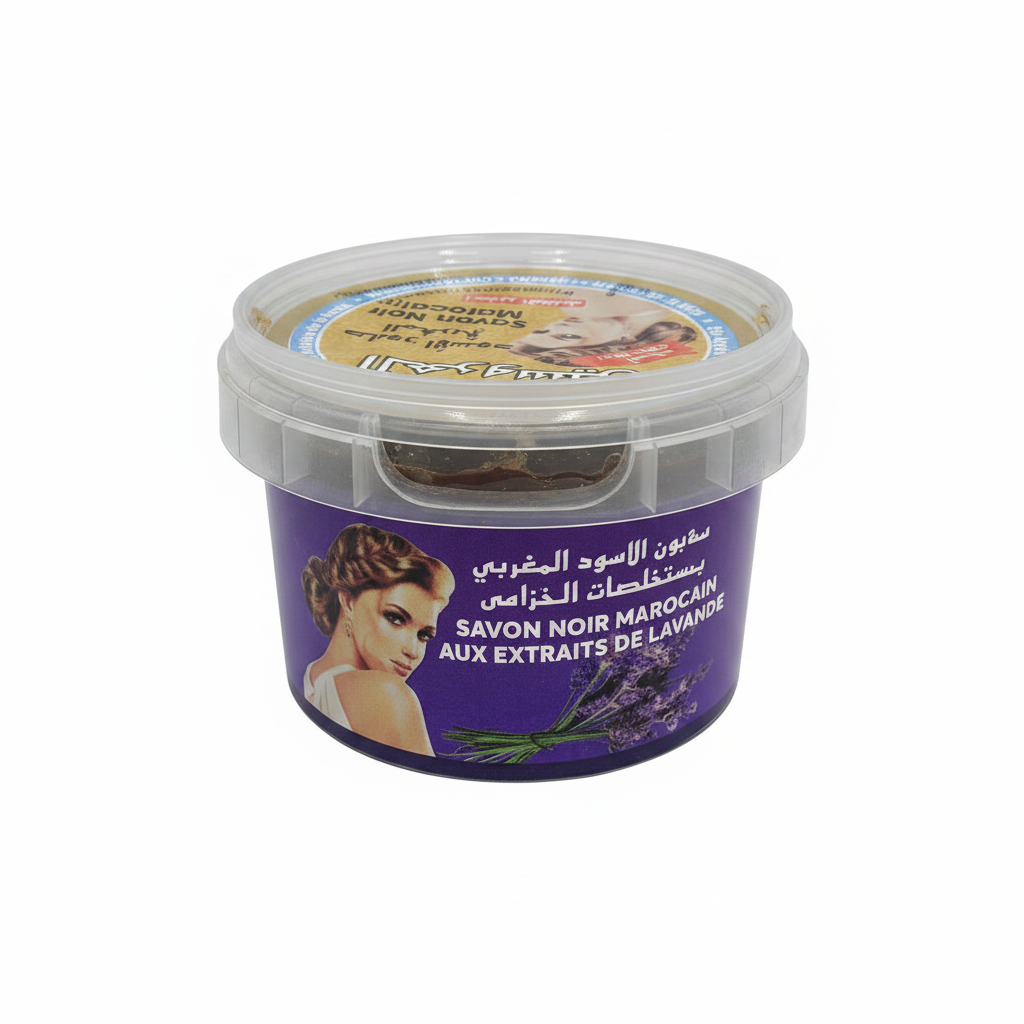 Jabón Beldi marroquí con lavanda 200g – fondo blanco, envase redondo con etiqueta morada y amarilla