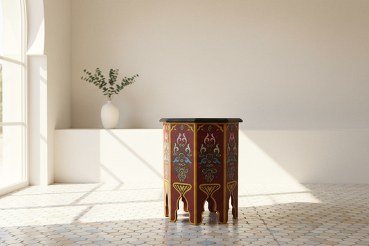 Mesa octogonal marroquí granate en interior andalusí lifestyle decoración oriental