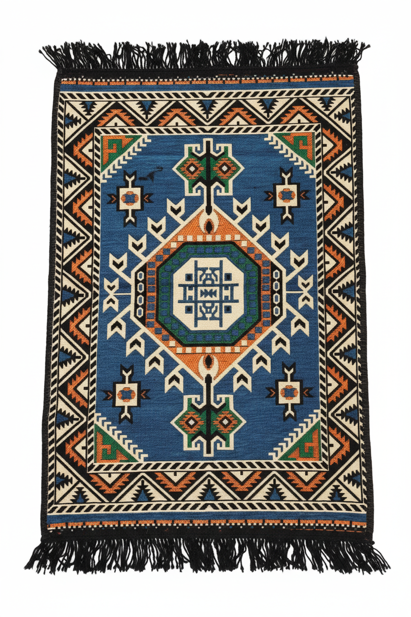 Alfombra tapiz turca kilim 60x90 cm color azul con motivos geométricos otomanos y flecos negros, fondo blanco