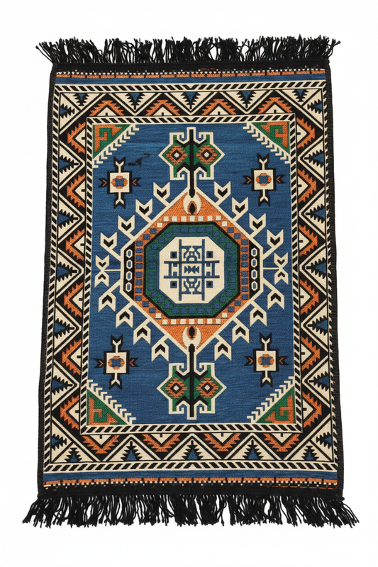 Alfombra tapiz turca kilim 60x90 cm color azul con motivos geométricos otomanos y flecos negros, fondo blanco