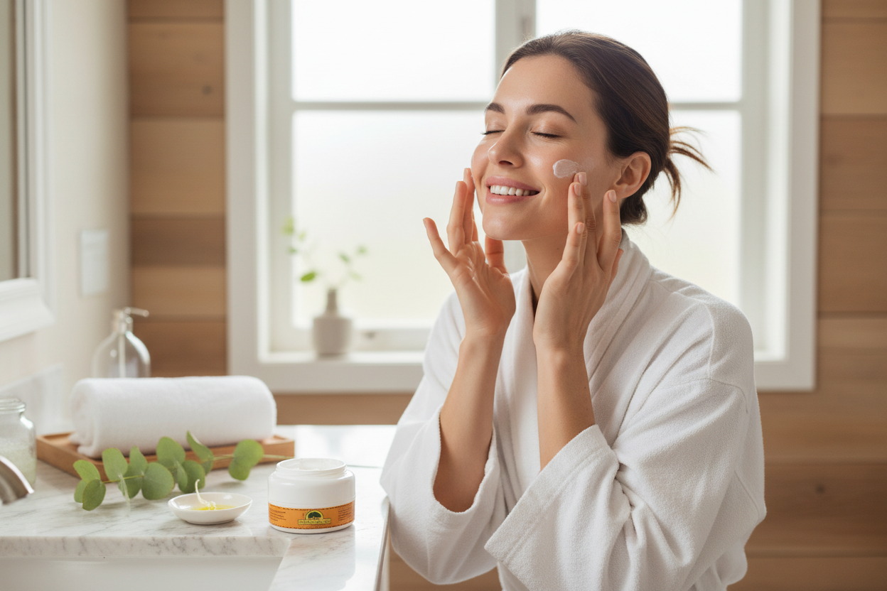 Mujer aplicando Crema Argán Marroquí - Rutina facial anti-edad cosmética natural lifestyle