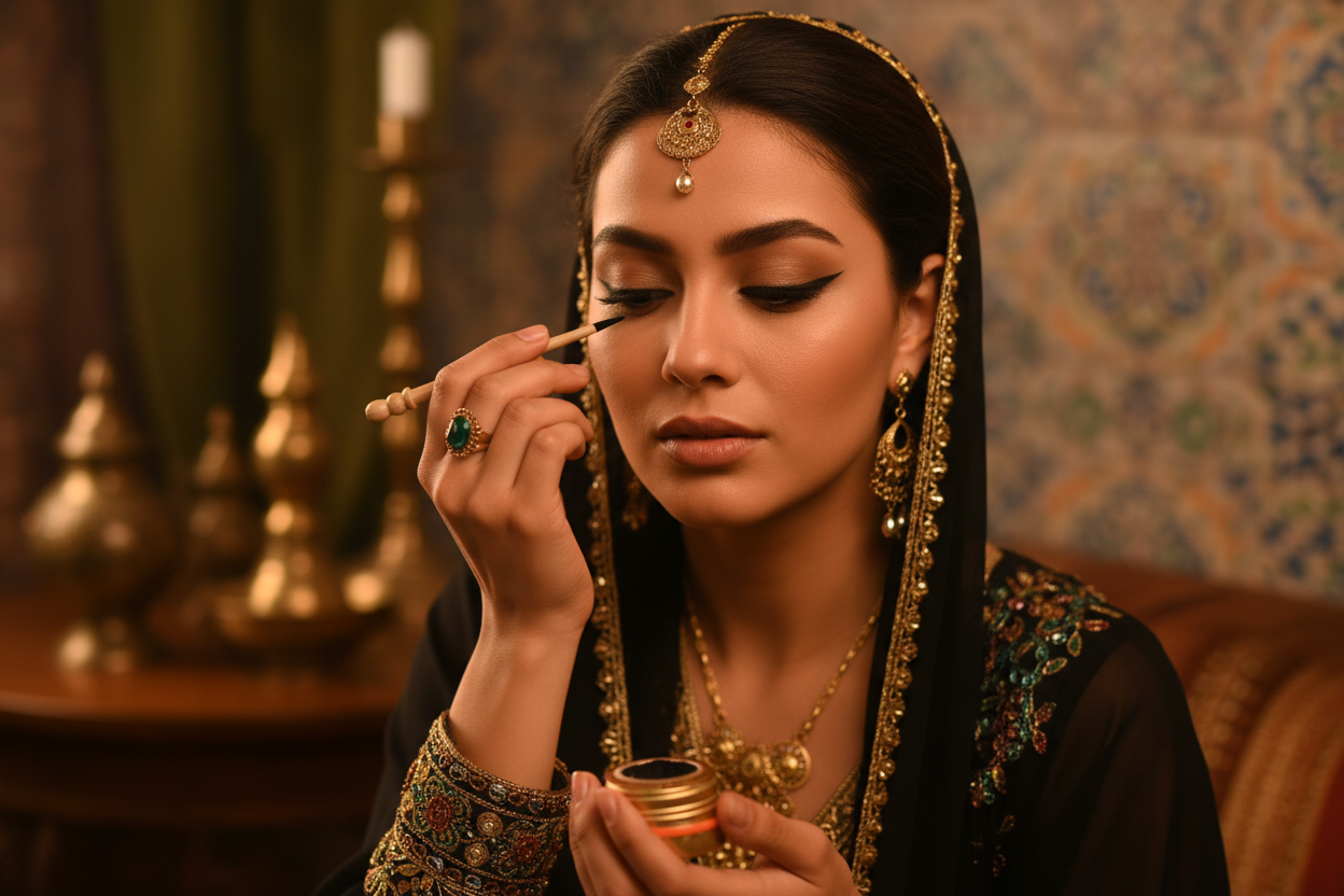 Mujer aplicando kajal negro tradicional - ritual de belleza oriental