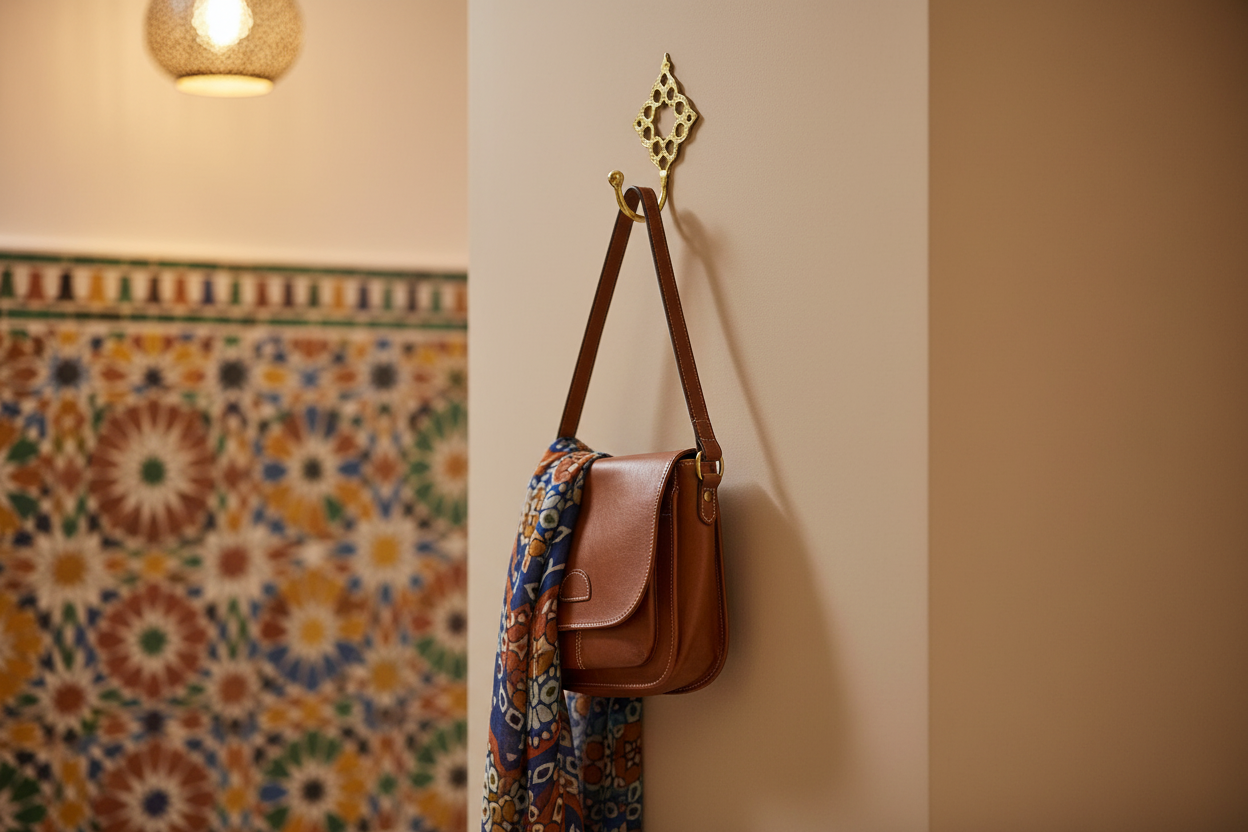 Perchero de latón dorado en recibidor marroquí con bolso y bufanda