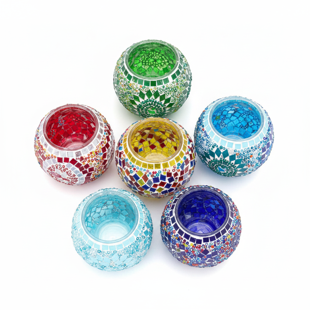 Portavelas de cristal turco con mosaico incrustado a mano en varios colores – vista general de la colección