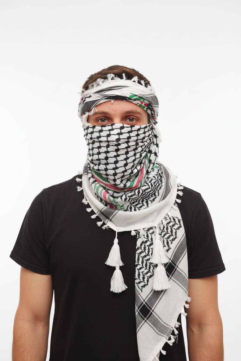 Kufiya palestina colores bandera envuelta cubriendo cabeza y rostro al estilo nómada, fondo blanco, 100% algodón