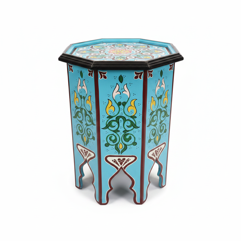 Mesa auxiliar octogonal marroquí turquesa fondo blanco decoración árabe