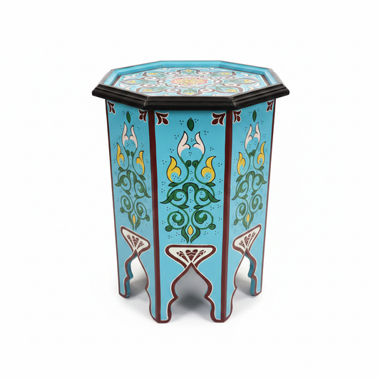 Mesa auxiliar octogonal marroquí turquesa fondo blanco decoración árabe