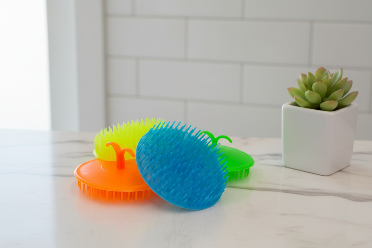 Cepillos masajeadores de cuero cabelludo de silicona en varios colores en ambientación lifestyle de baño