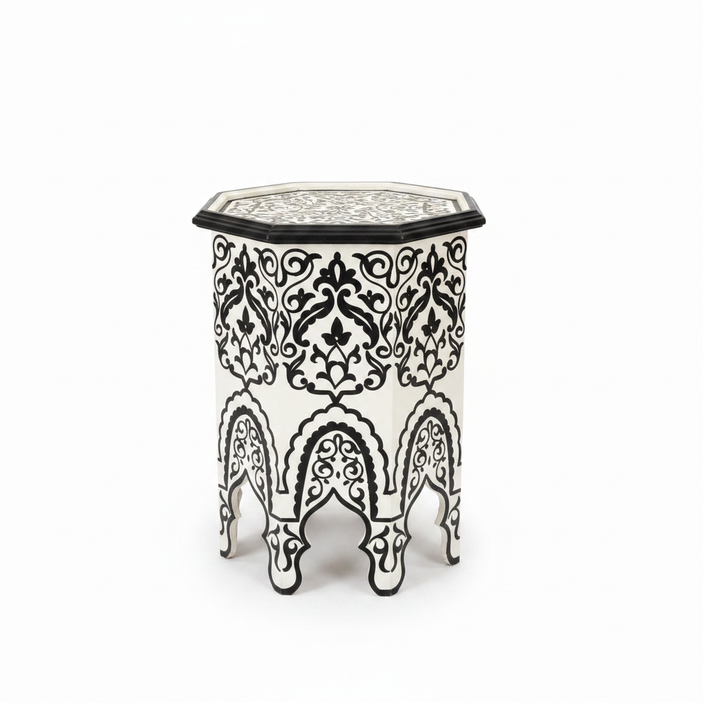 Mesa auxiliar octogonal marroquí pintada a mano - Blanca y Negra - Decoración marroquí