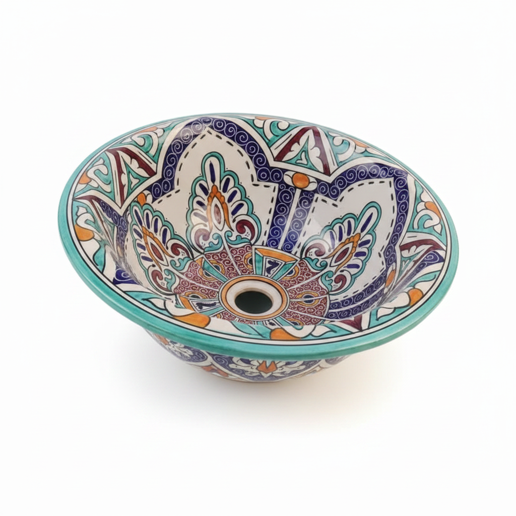 Lavabo de cerámica marroquí multicolor con arabescos en azul, verde y naranja pintados a mano en Fez – fondo blanco