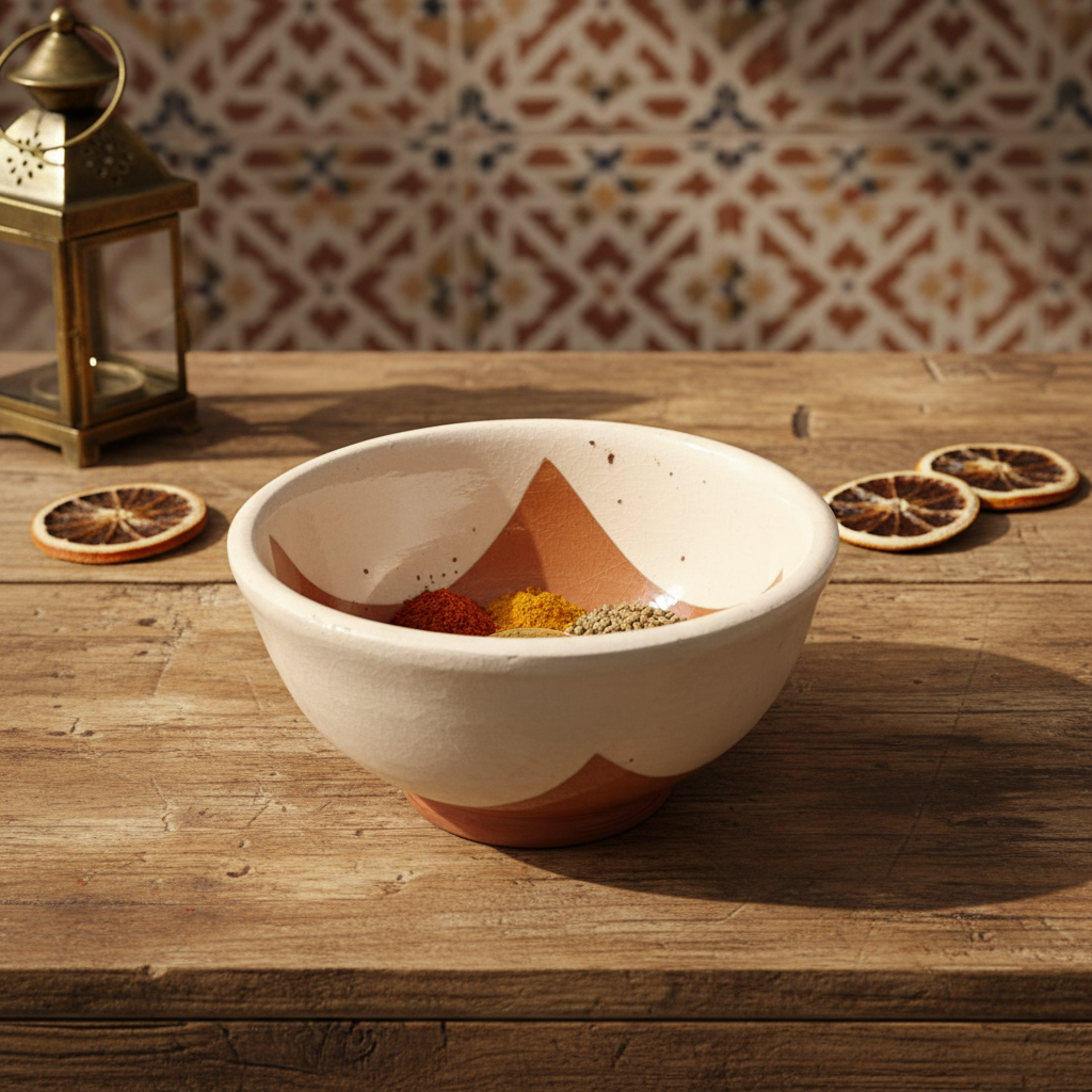 Cuenco marroquí artesanal 12cm sobre mesa rústica con azulejos tradicionales ambiente andalusí