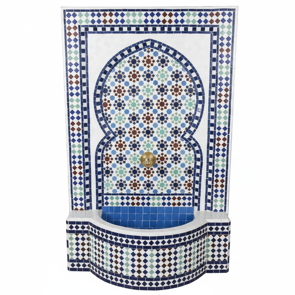 Fuente de mosaico zellige marroquí azul y blanco con arco de herradura y grifo de latón – fondo blanco
