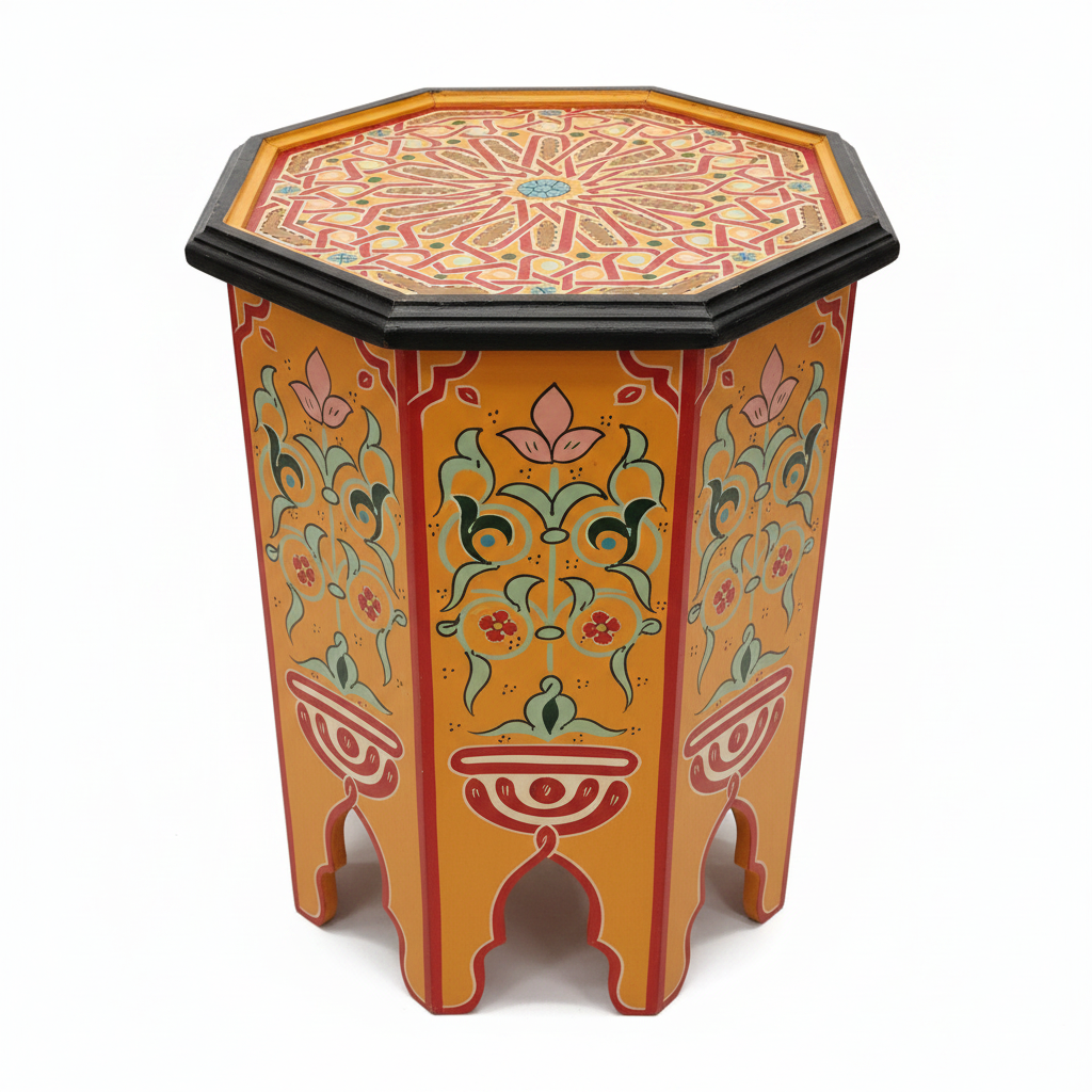 Mesa auxiliar octogonal marroquí naranja arabescos verdes fondo blanco decoración árabe