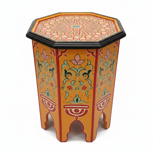 Mesa auxiliar octogonal marroquí naranja arabescos verdes fondo blanco decoración árabe