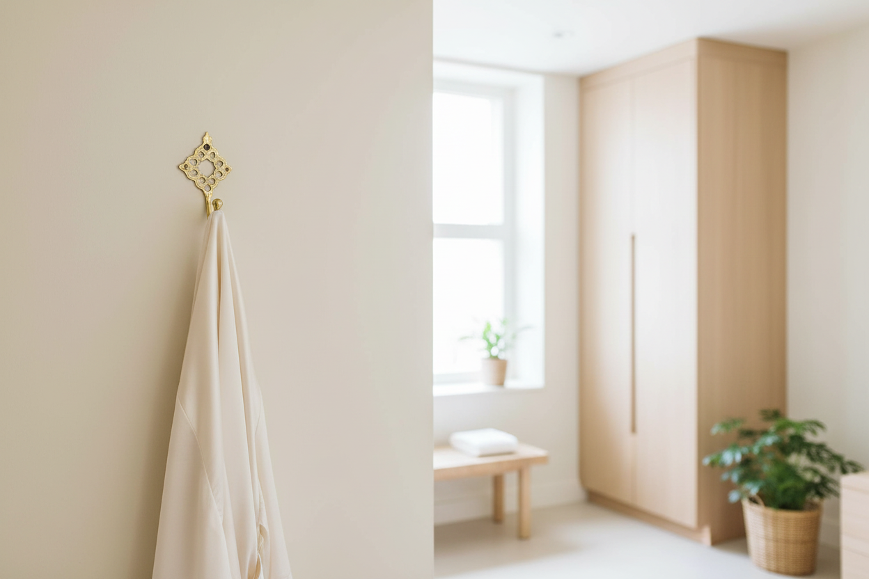 Gancho de latón dorado en vestidor de lujo con bata de seda