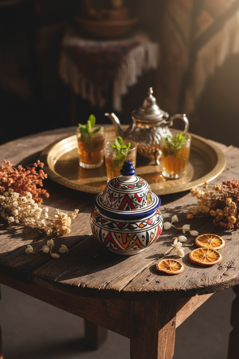 Bombonera marroquí de cerámica de Fez en mesa andaluza con ambiente mediterráneo