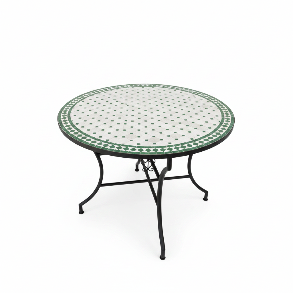 Mesa de mosaico redonda verde zelije Fez - fondo blanco - Modelo AKHDAR MUDAWAR - Decoración marroquí artesanal