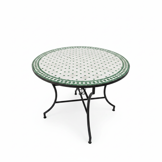 Mesa de mosaico redonda verde zelije Fez - fondo blanco - Modelo AKHDAR MUDAWAR - Decoración marroquí artesanal