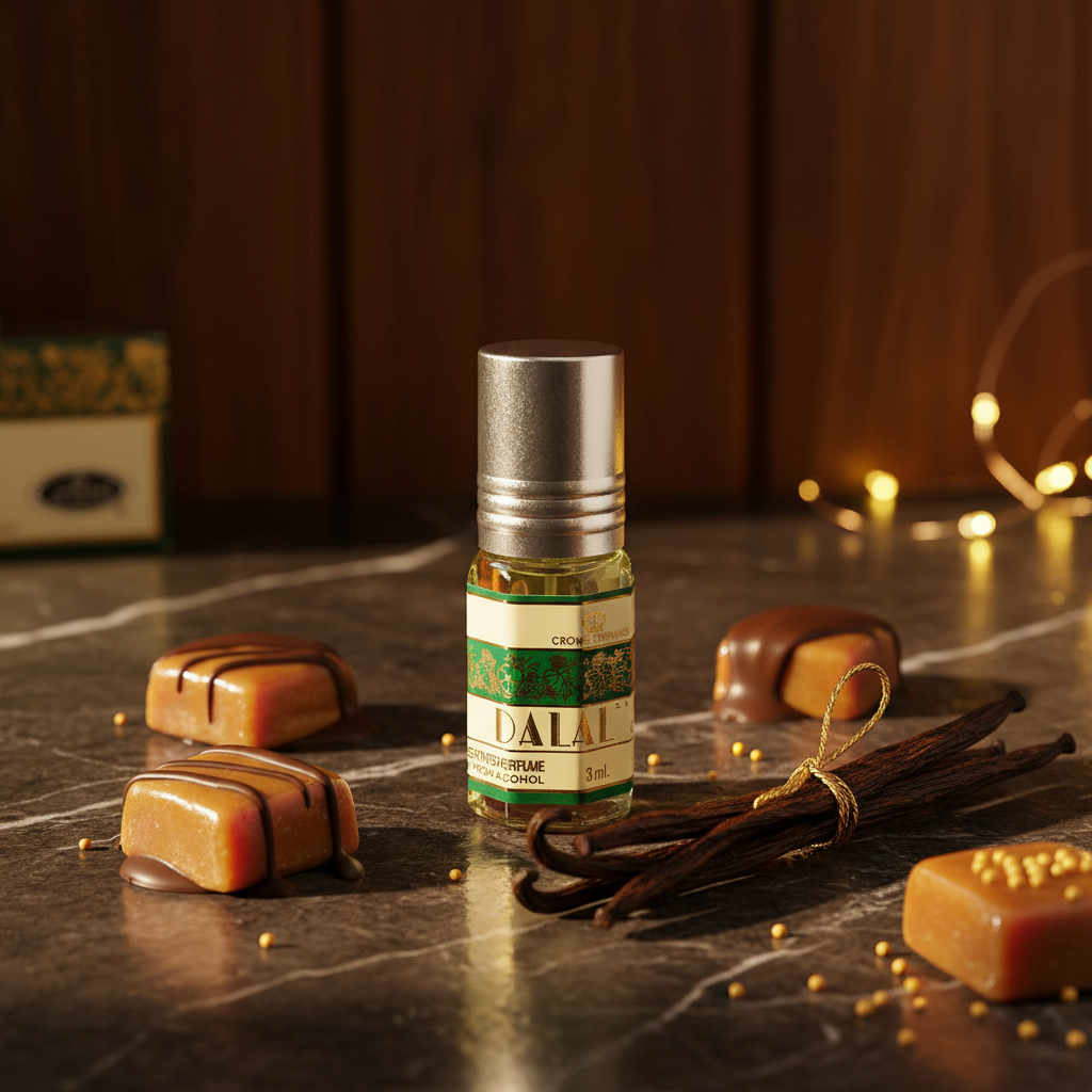 Perfume Dalal 3ml en ambiente lifestyle con caramelos y vainilla - fragancia gourmand