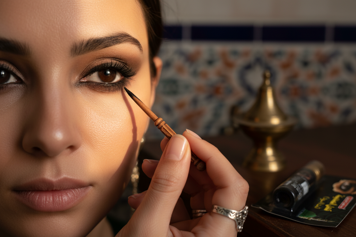 Mujer aplicando kohl negro tradicional - ritual de belleza marroquí