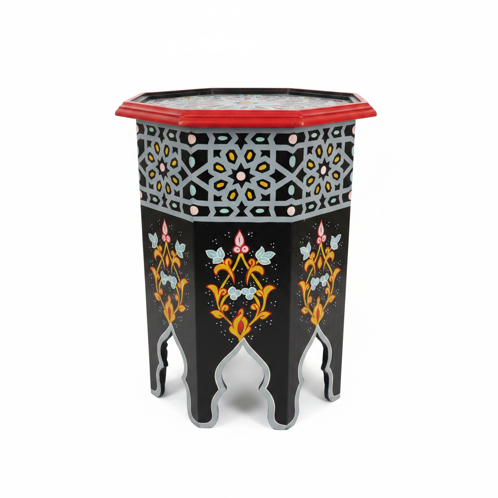 Mesa auxiliar octogonal marroquí pintada a mano - Negra y Roja - Decoración marroquí