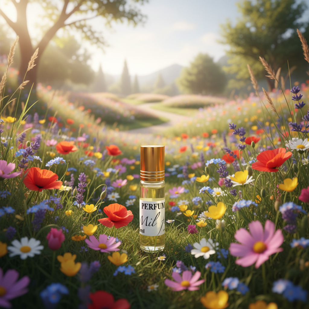 Perfume mil flores natural 6ml en ambiente lifestyle con flores silvestres de colores