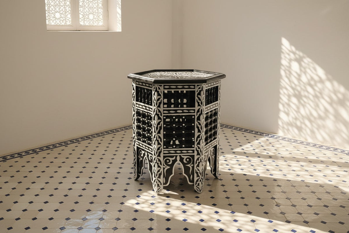 Hexagonal Arab Side Table with Mashrabiya Lattice | Moroccan Decor