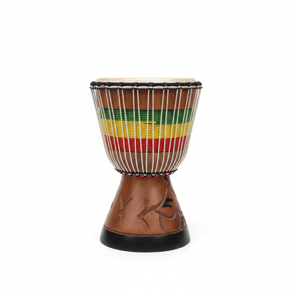Djembe africano artesanal sobre fondo blanco con madera grabada motivos etnicos - tambor percusion colores rasta
