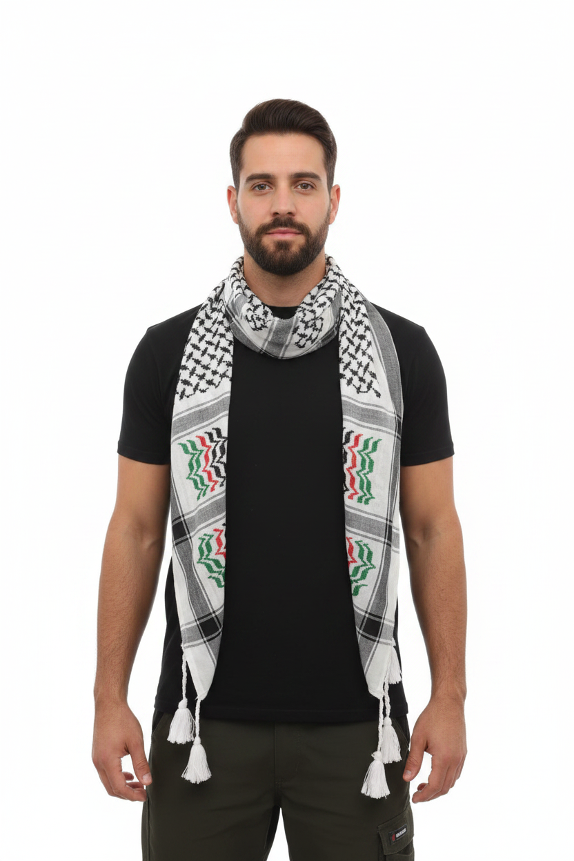 Kufiya palestina colores bandera negro blanco verde y rojo, 100% algodón 120x120 cm, modelo masculino fondo blanco studio