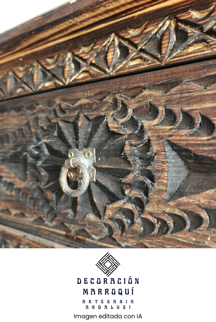 Detalle de cajón del aparador Tiznit con roseta tallada, tirador de anilla y acabado marrón oscuro