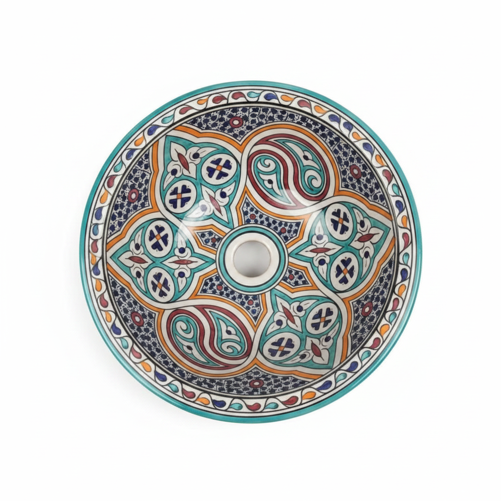 Lavabo marroquí cerámica multicolor con arabescos turquesa, naranja y azul – vista superior, fondo blanco