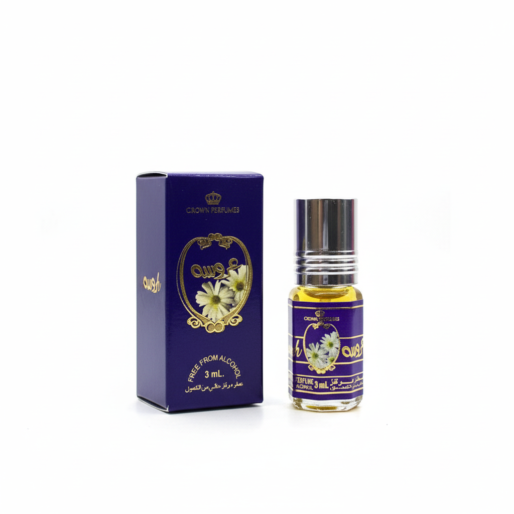 Perfume Aroosah Al-Rehab roll-on 3ml con caja azul sobre fondo blanco - aceite concentrado sin alcohol