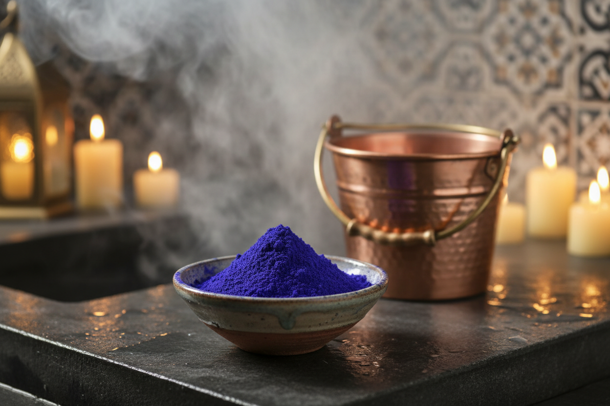 Cuenco con nila azul en hammam marroquí - cosmética ancestral