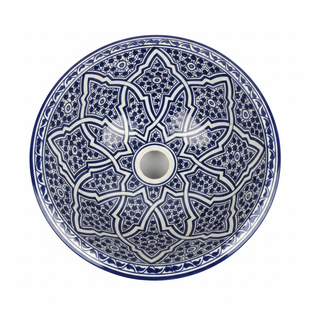 Lavabo marroquí cerámica azul cobalto con estrella geométrica pintada a mano en Fez – fondo blanco