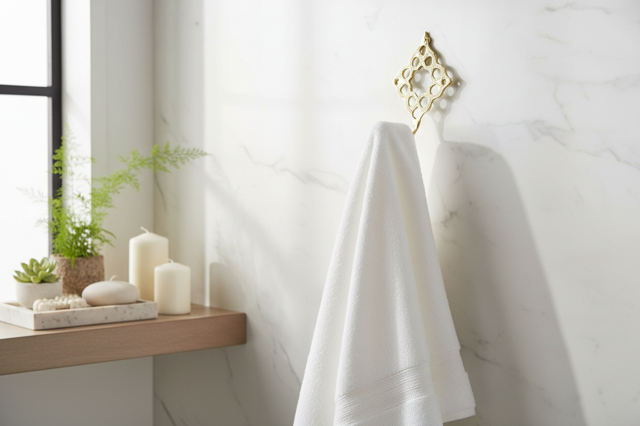 Colgador de latón dorado instalado en baño spa minimalista con toalla blanca