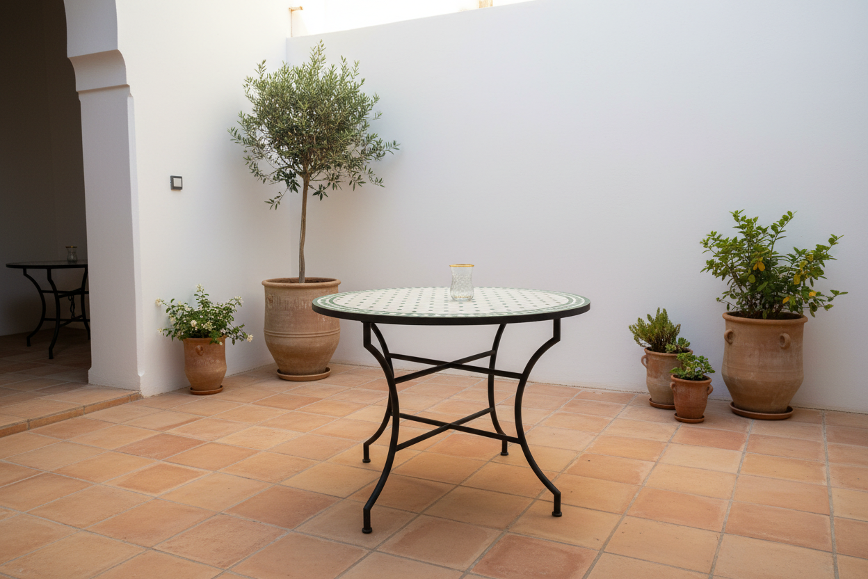 Mesa de mosaico redonda verde zelije Fez - lifestyle patio andalusí - Modelo AKHDAR MUDAWAR - Decoración marroquí