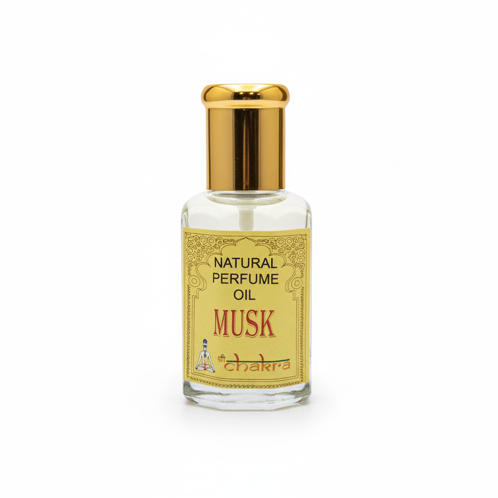 Frasco de Aceite de Perfume Chakra Musk con fondo blanco limpio - Detalle de fragancia oriental de almizcle natural