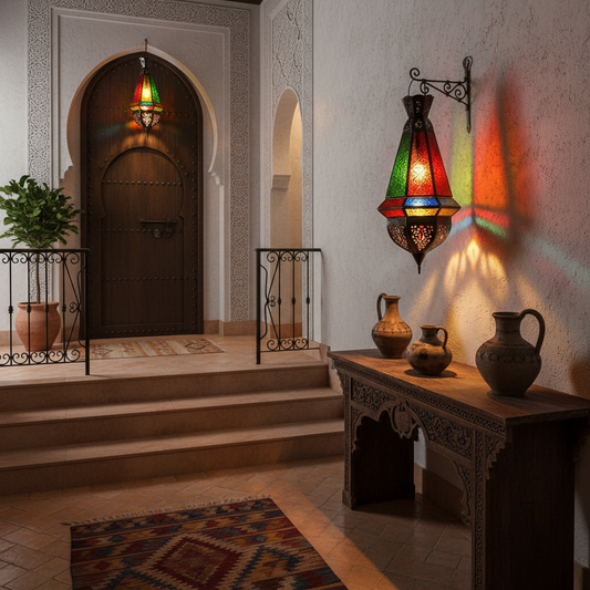 Lampara marroqui iluminada en pasillo entrada - luz colorida cristales estilo andalusi ambiente mil y una noches