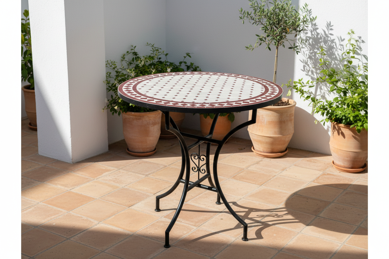 Mesa de mosaico zellige granate en patio andalusí con suelo de barro y plantas