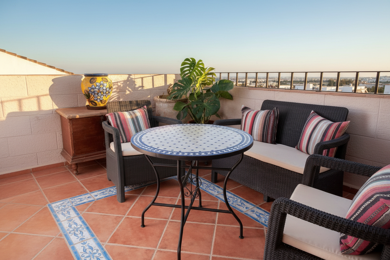Mesa de mosaico marroquí zellige azul en terraza mediterránea con cielo azul al atardecer