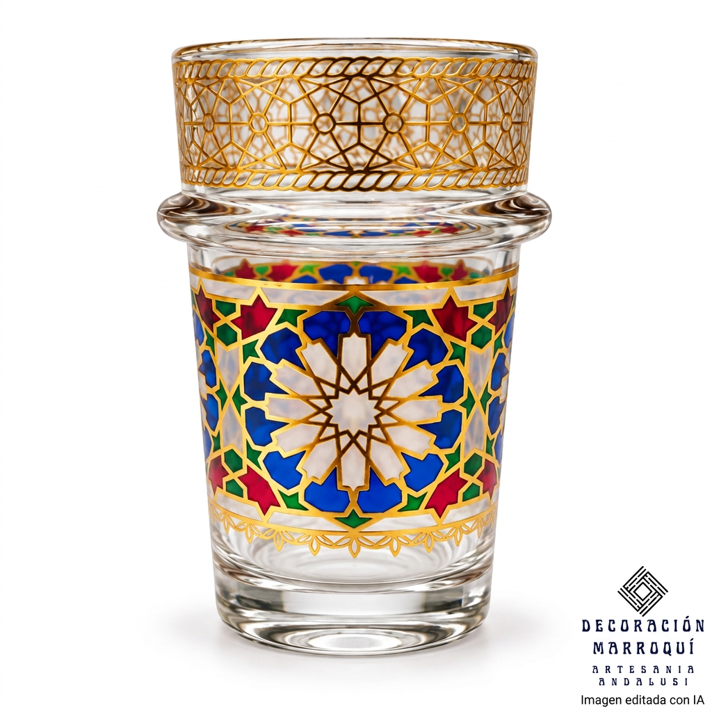 Vaso de té de 100 ml con rosetón azul, rojo y verde y detalles dorados sobre fondo blanco