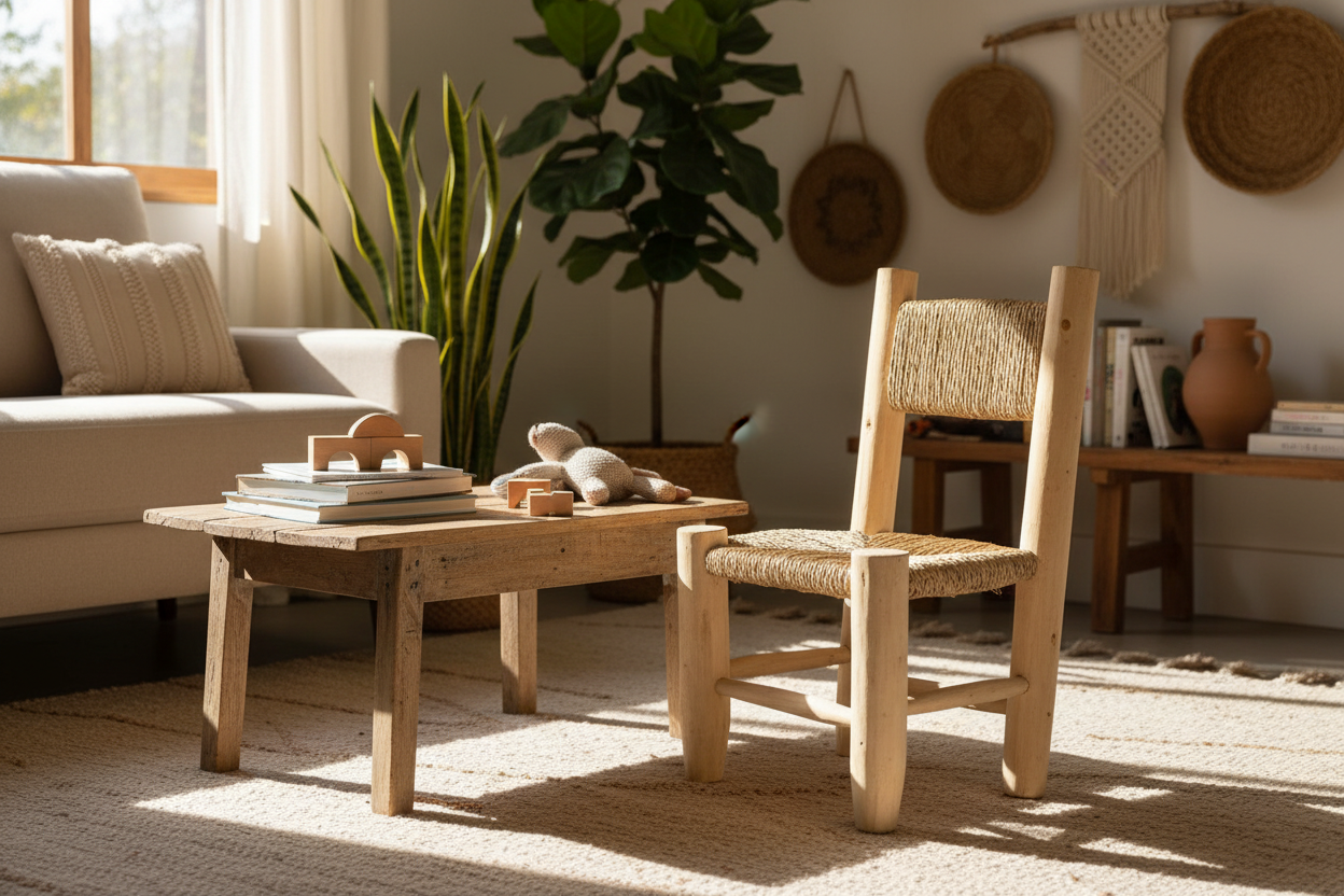 Silla infantil marroquí madera esparto en rincón boho con mesa libros y juguetes naturales