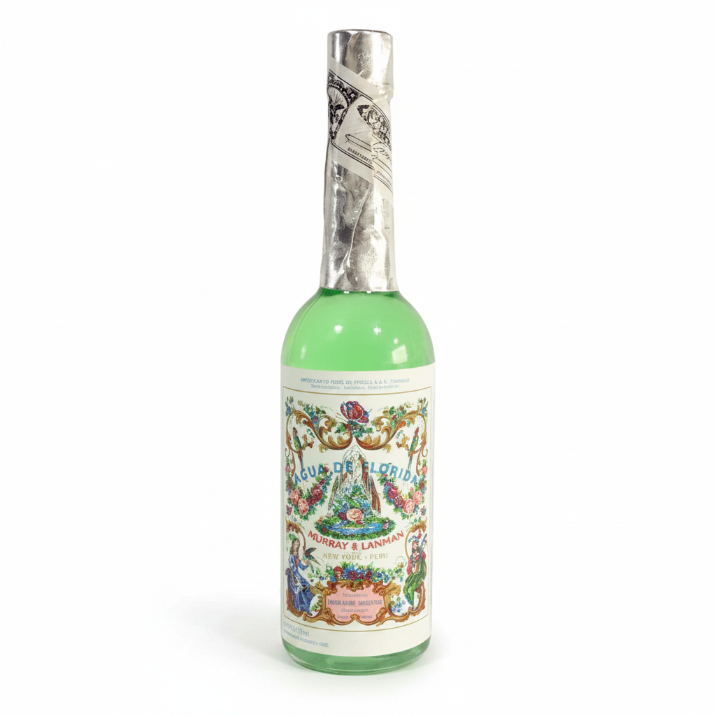 Agua de Florida Murray & Lanman – botella de vidrio con líquido verde y etiqueta floral vintage, fondo blanco